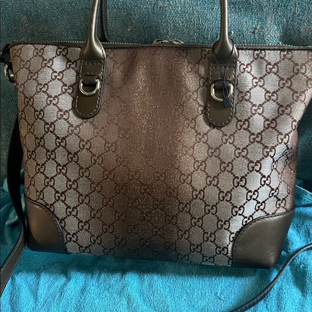 Gucci Beige Brown GG Supreme Canvas Tote with Leather Trim And Strap
